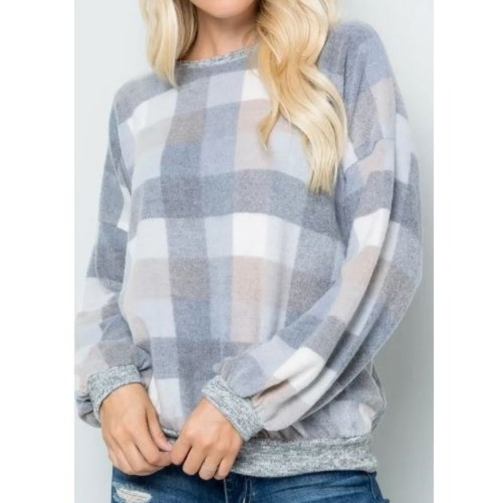 Checker Print Long Puff Sleeve Top - Gray - Large